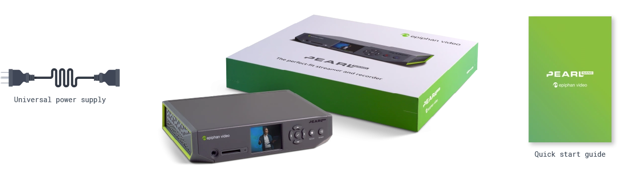 Pearl Nano - what's in the box? Pearl Nano device, universal power supply, quick start guide